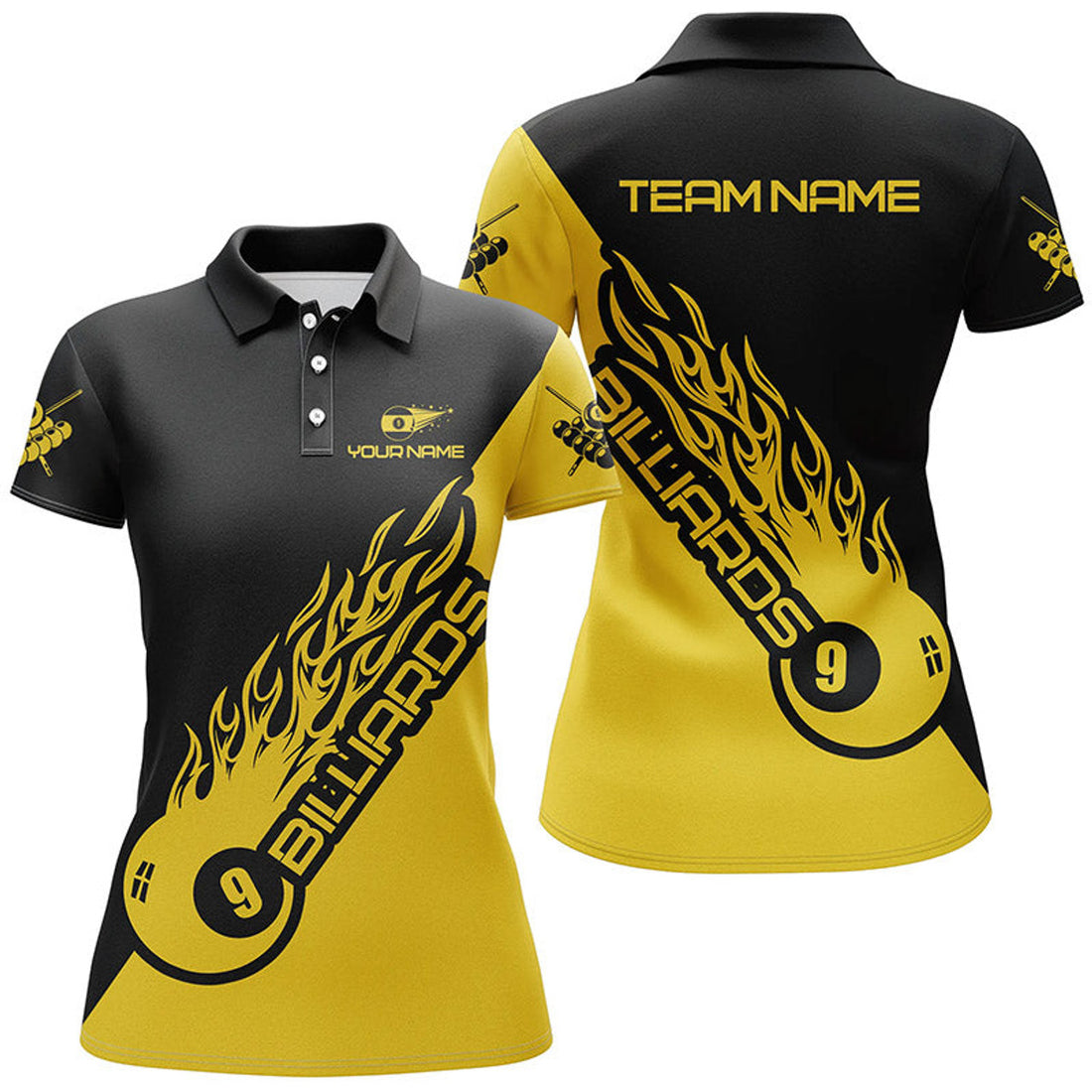 Custom 9 Ball Pool Back Yellow Personalized Name Billiard Shirts Custom Billiard Polo Shirts For Women