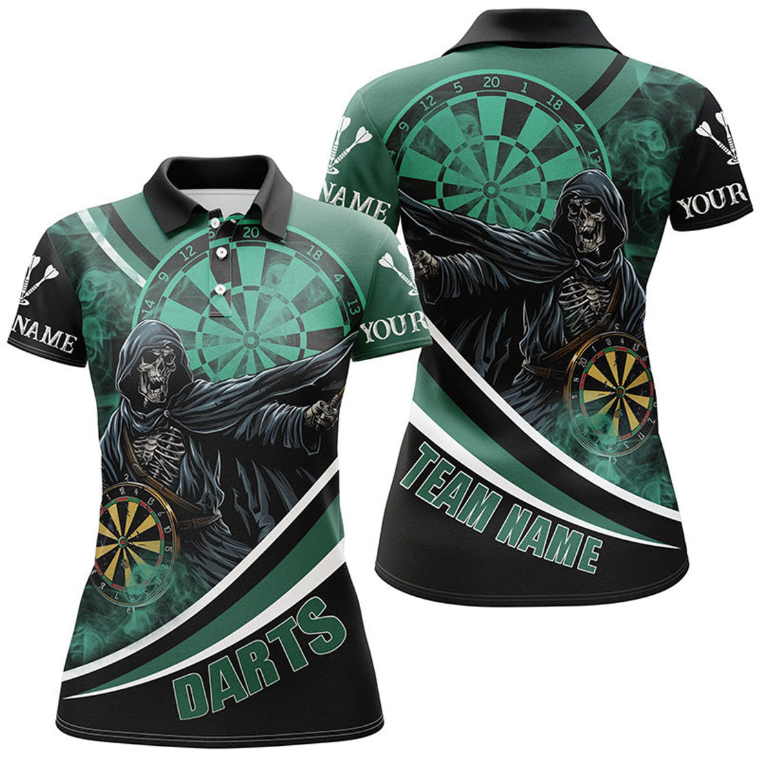 Custom Personalized Death Skeleton Green Darts Jersey Women Dart Polo Shirt Custom Team League Darts Shirts