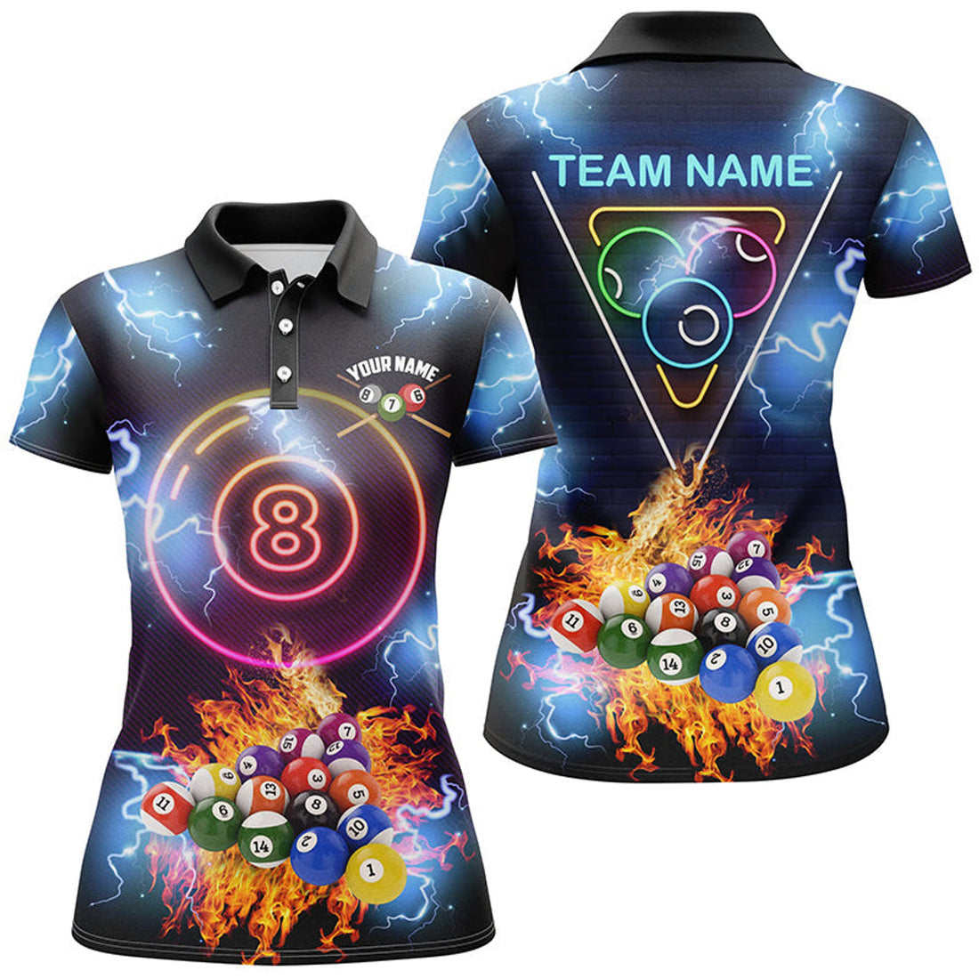 Custom Personalized Billiard Ball 8 Neon Light Printing 3D Polo Shirts For Women, Custom Billiards Shirts