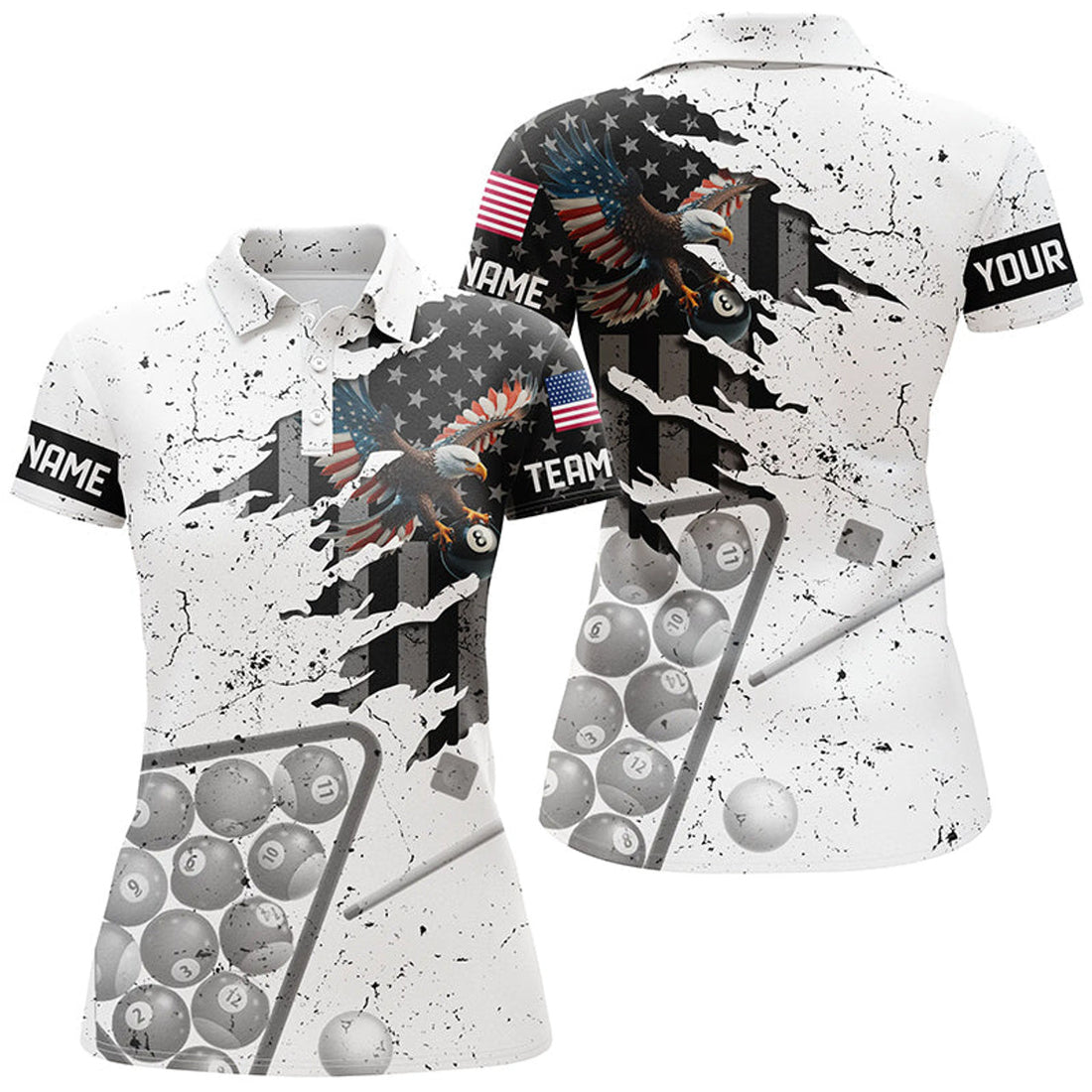 Custom Personalized Eagle Retro American Flag Women Billiard Polo Shirts, Patriotic Pool Player Shirts