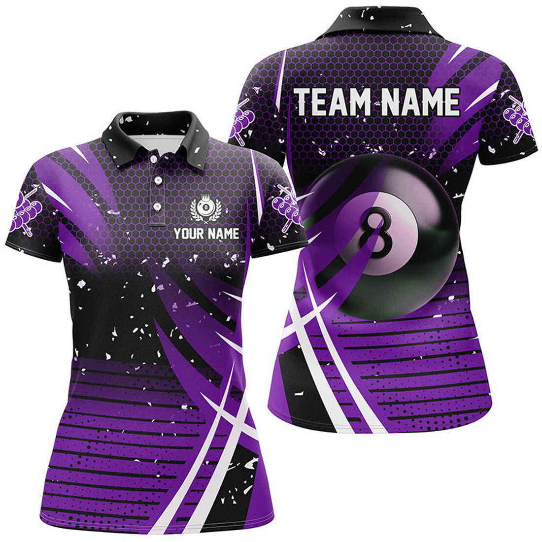 Custom Black Purple Billiard 8 Ball Pool Women Polo Shirts Custom Billiard Shirts, Billiard Jerseys Apparel
