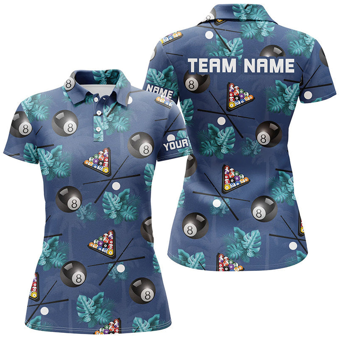 Custom Personalized Blue Billiard Tropical Full Printing Women Polo Shirts Best Custom Billiard Outfit Idea