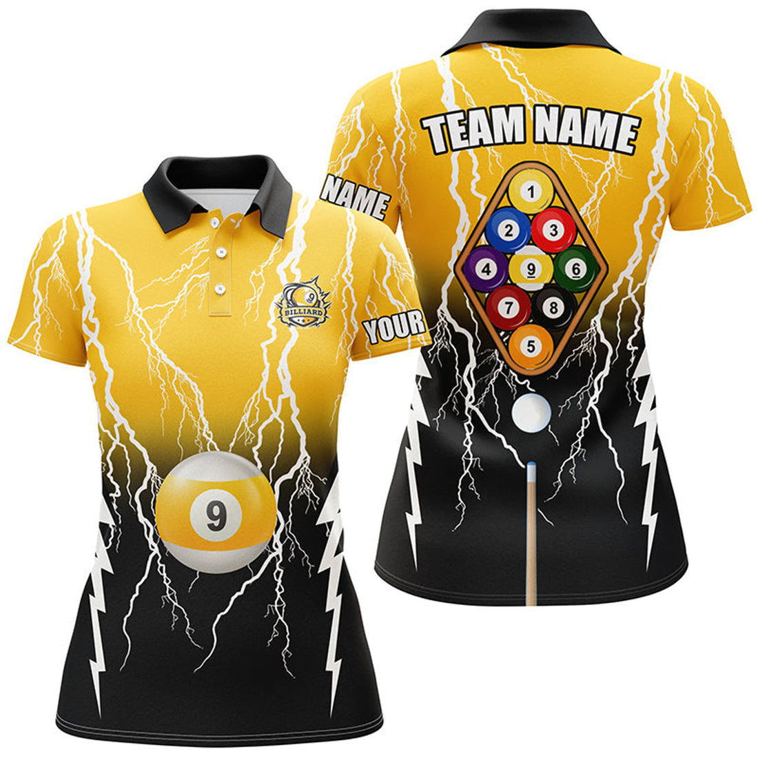 Custom Black Yellow 9 Ball Pool Thunder Billiard Polo Shirts For Women Best Billiard Team Shirts
