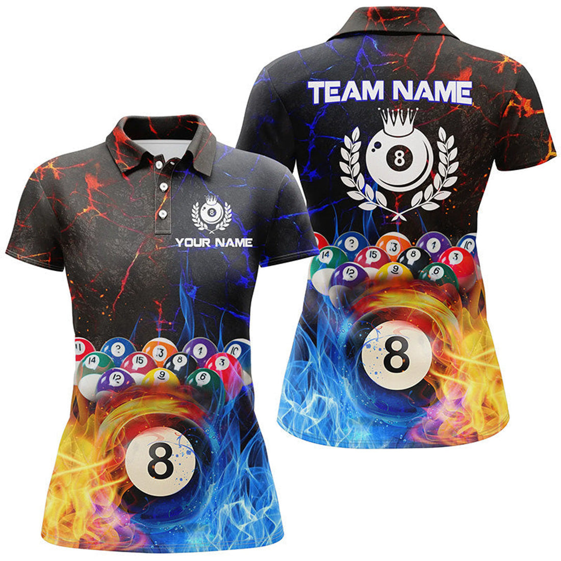 Custom Billiard 8 Ball Water Fire Personalized Name 3D Polo Shirts For Women Custom Pool League Shirts