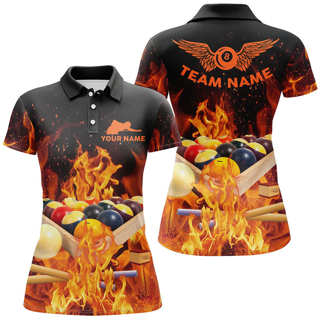 Custom Personalized Billiard Balls In Fire Polo Shirts For Women Custom 3D Printed 8 Ball Pool League Shirts