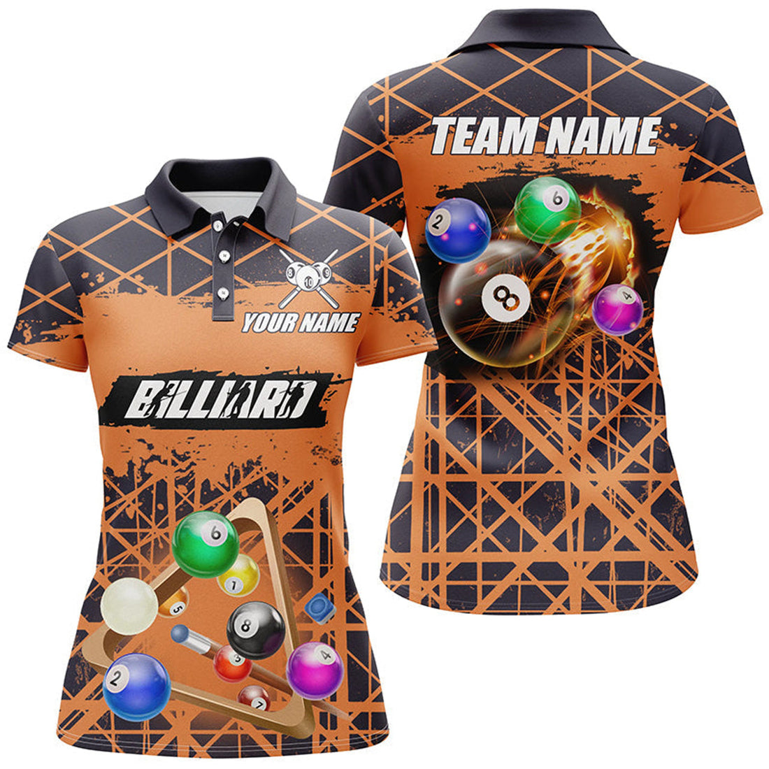Custom Personalized Orange Billiard Grunge Style Full Printing Women Polo Shirts Custom Pool Player Custom