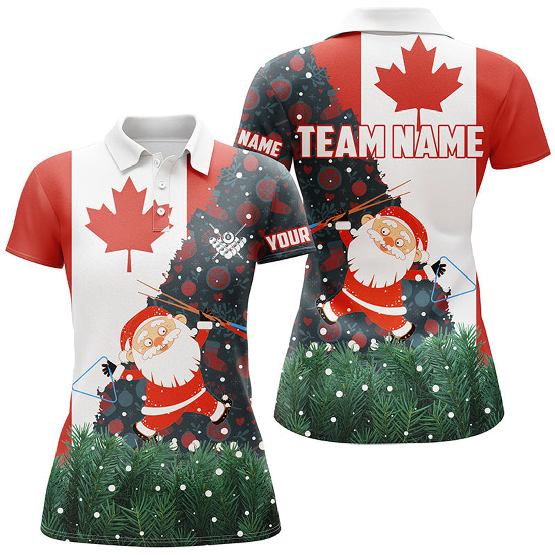 Custom Funny Christmas Santa And Billiard Canada Flag Custom Women Polo Shirts Patriotic Christmas Shirts