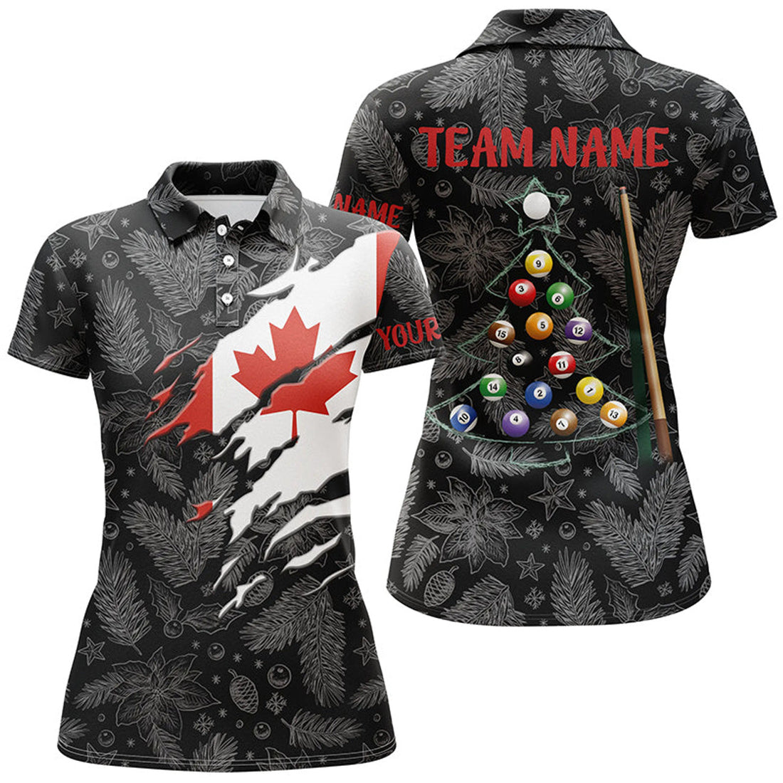 Custom Merry Christmas Canadian Flag Billiard Polo Shirts Best Custom Patriotic Billiard Shirts For Women