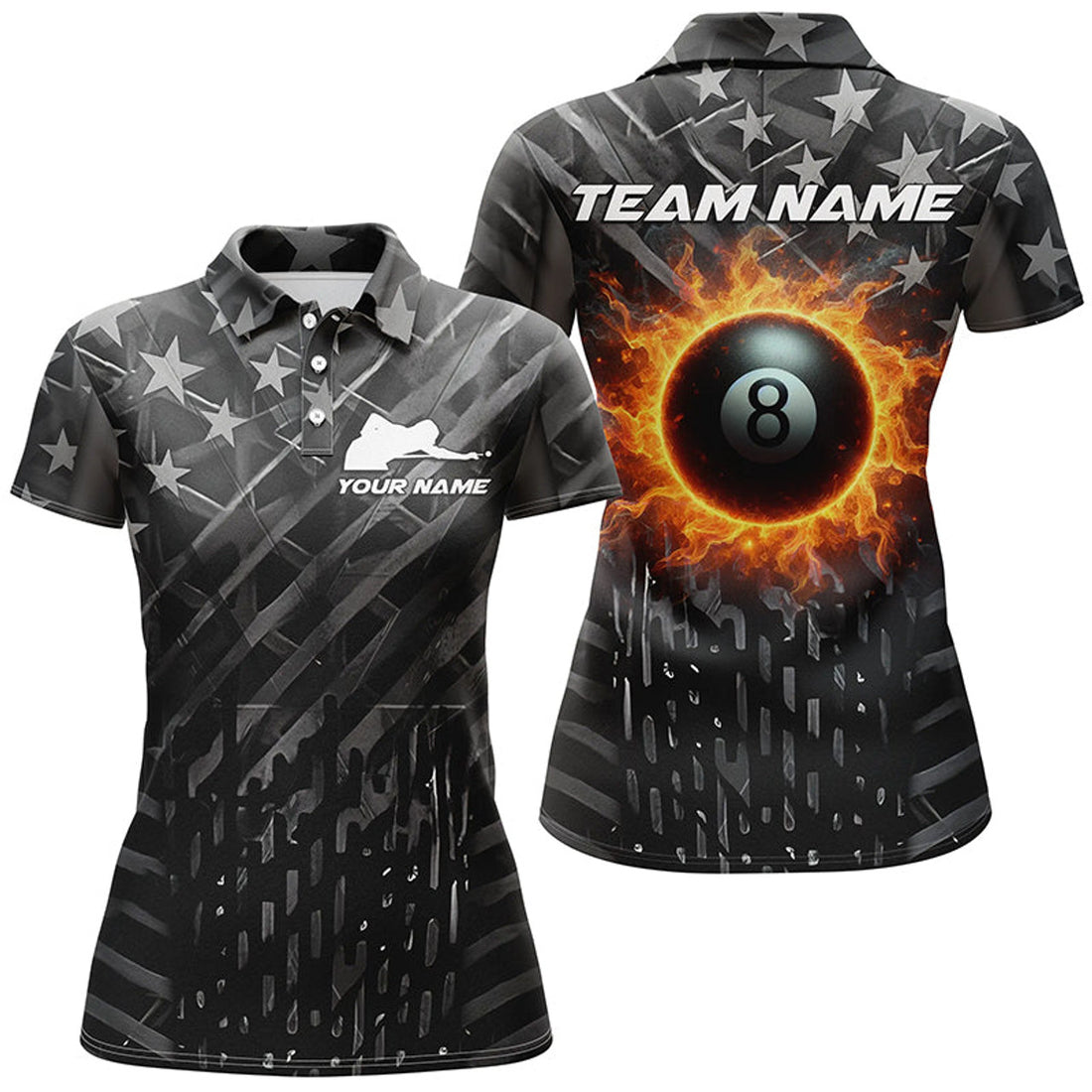Custom Personalized Black Retro US Flag 8 Ball Fire Women Billiard Polo Shirts, Patriotic Pool Team Jersey
