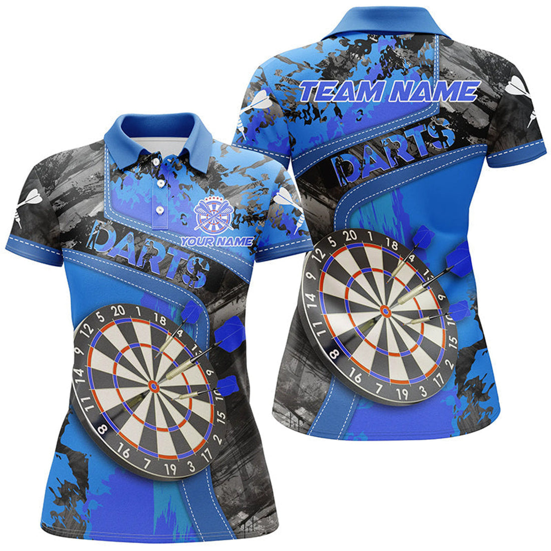 Custom Personalized 3D Dartboard Blue Grunge Women Darts Polo Shirts Custom Darts Team Jerseys Uniform