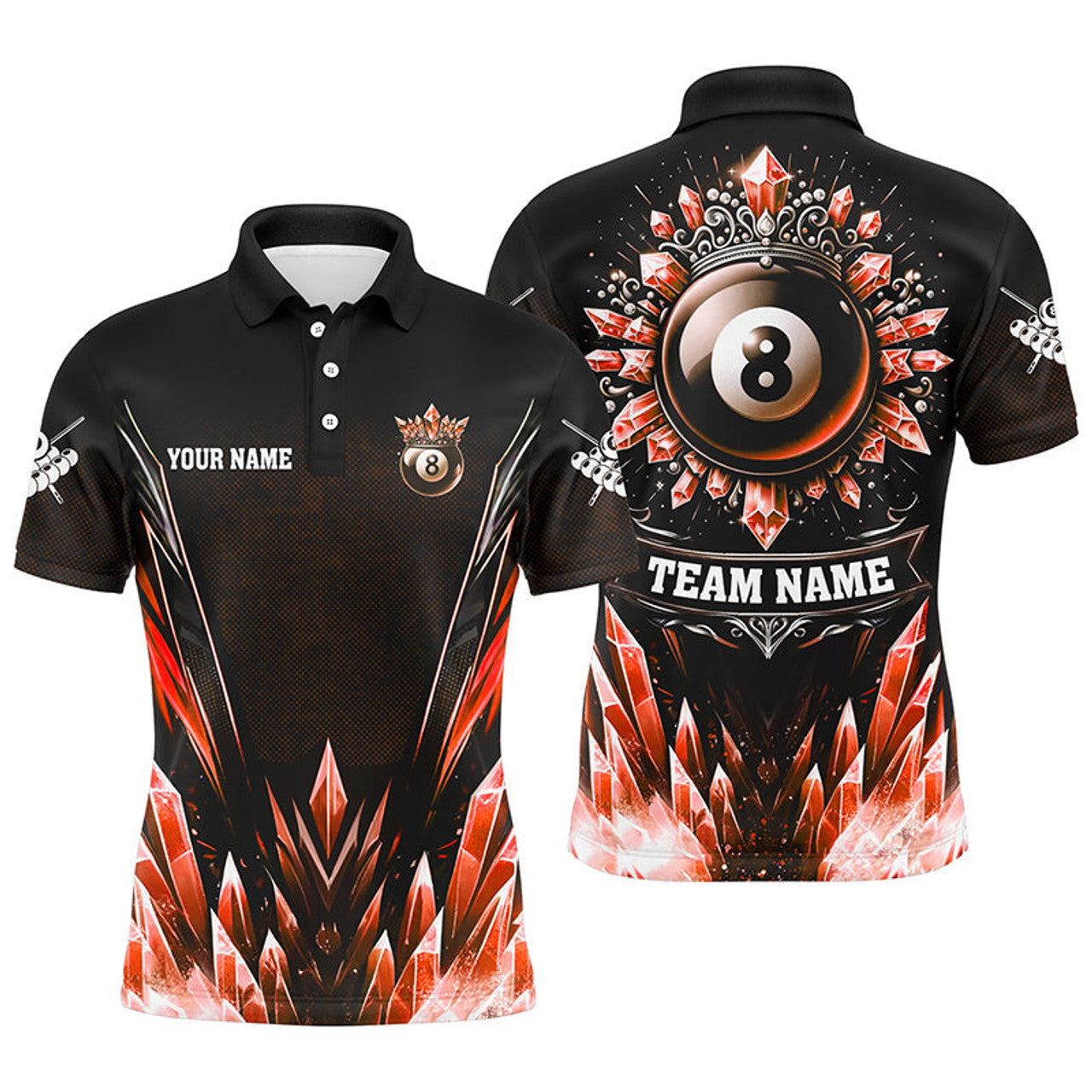 Personalized 3D Red Icy Funny 8 Ball Pool Crown Men Billiard Polo Shirts Custom Billiard Jerseys