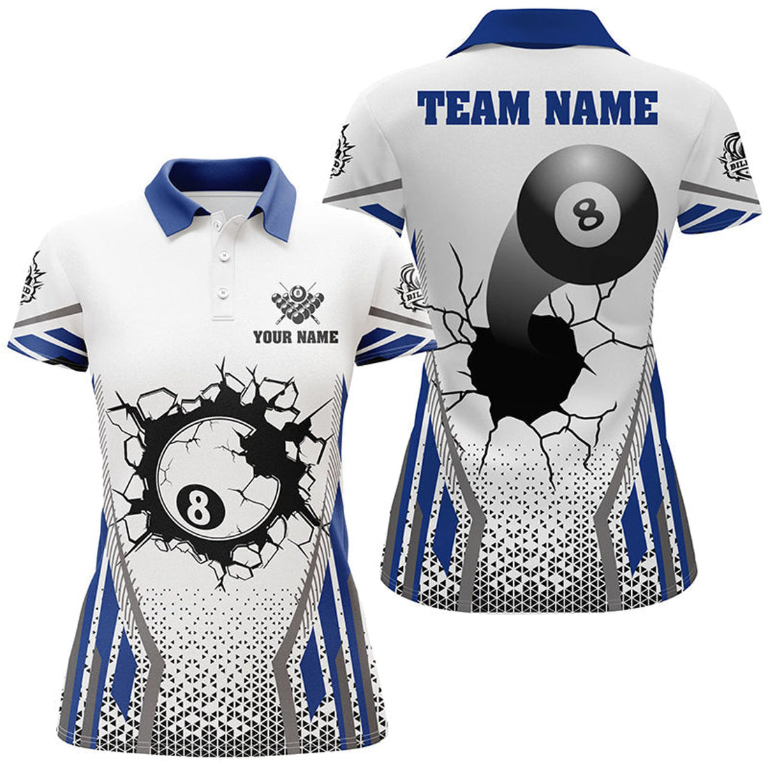 Custom White Blue 8 Ball Pool Cracked Wall Personalized Women Polo Shirts, Custom Billiard Attire Jerseys