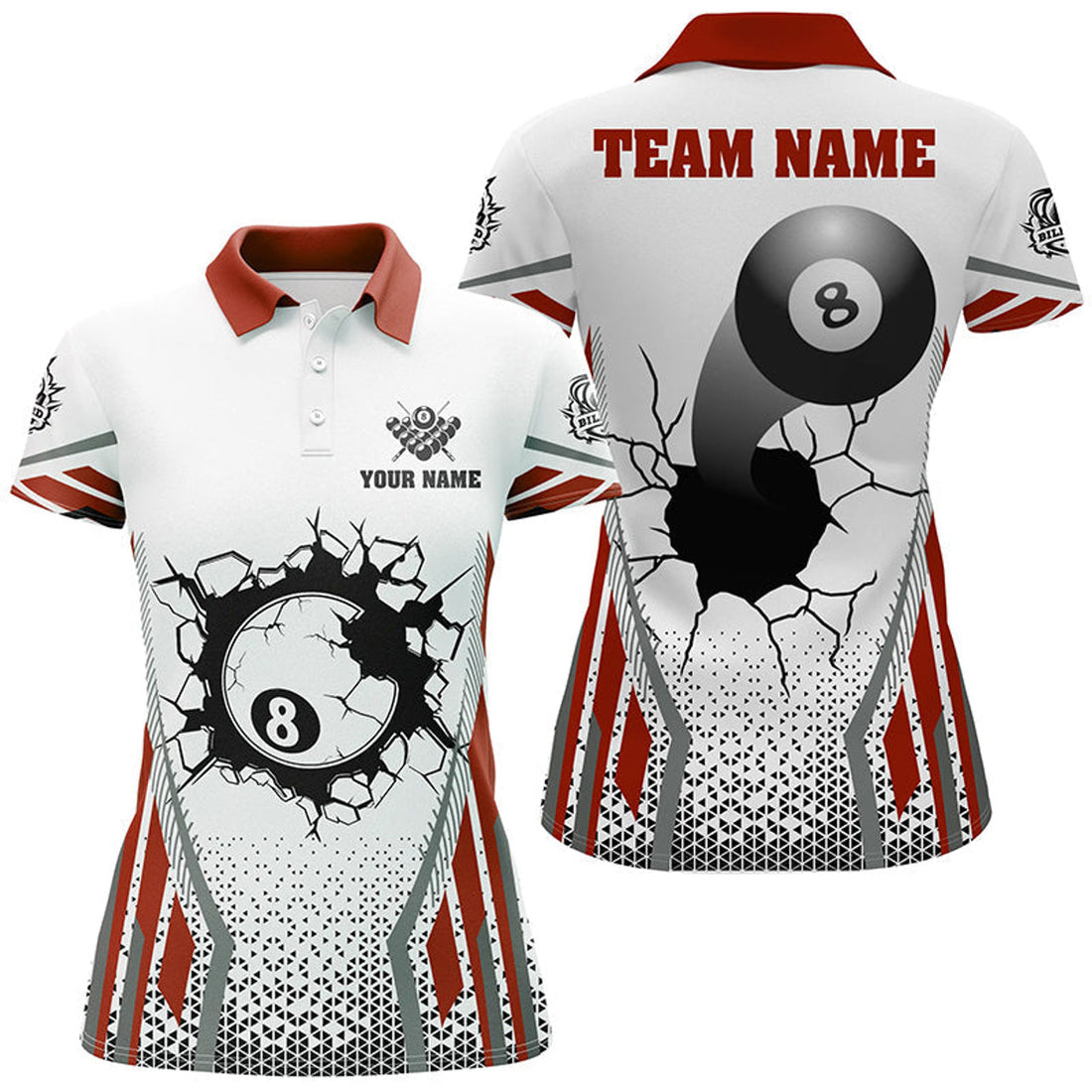 Custom White Red 8 Ball Pool Cracked Wall Personalized Women Polo Shirts, Custom Billiard Attire Jerseys