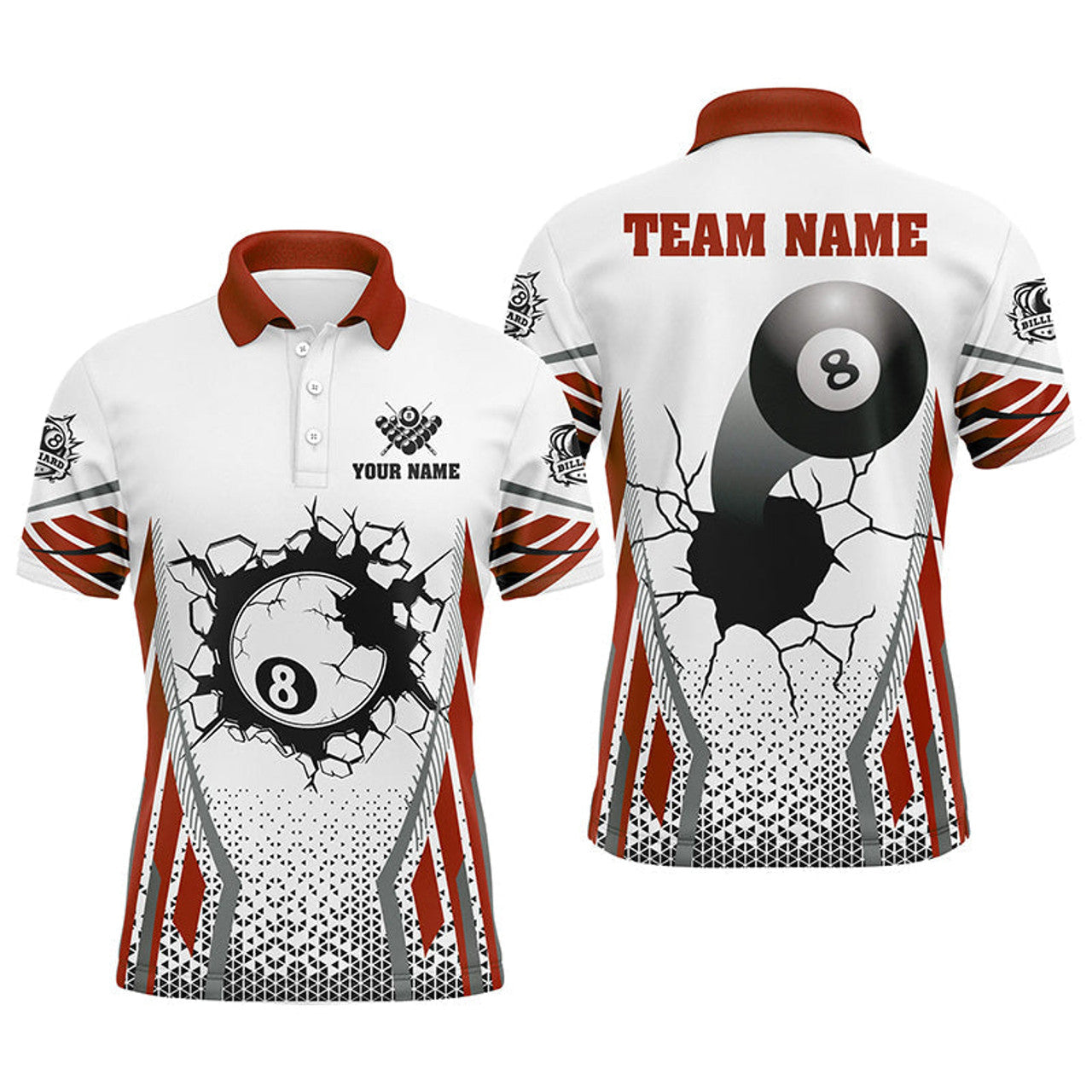 FUNSTUFFPRINT White Red 8 Ball Pool Cracked Wall Personalized Men Polo Shirt Size S-5XL