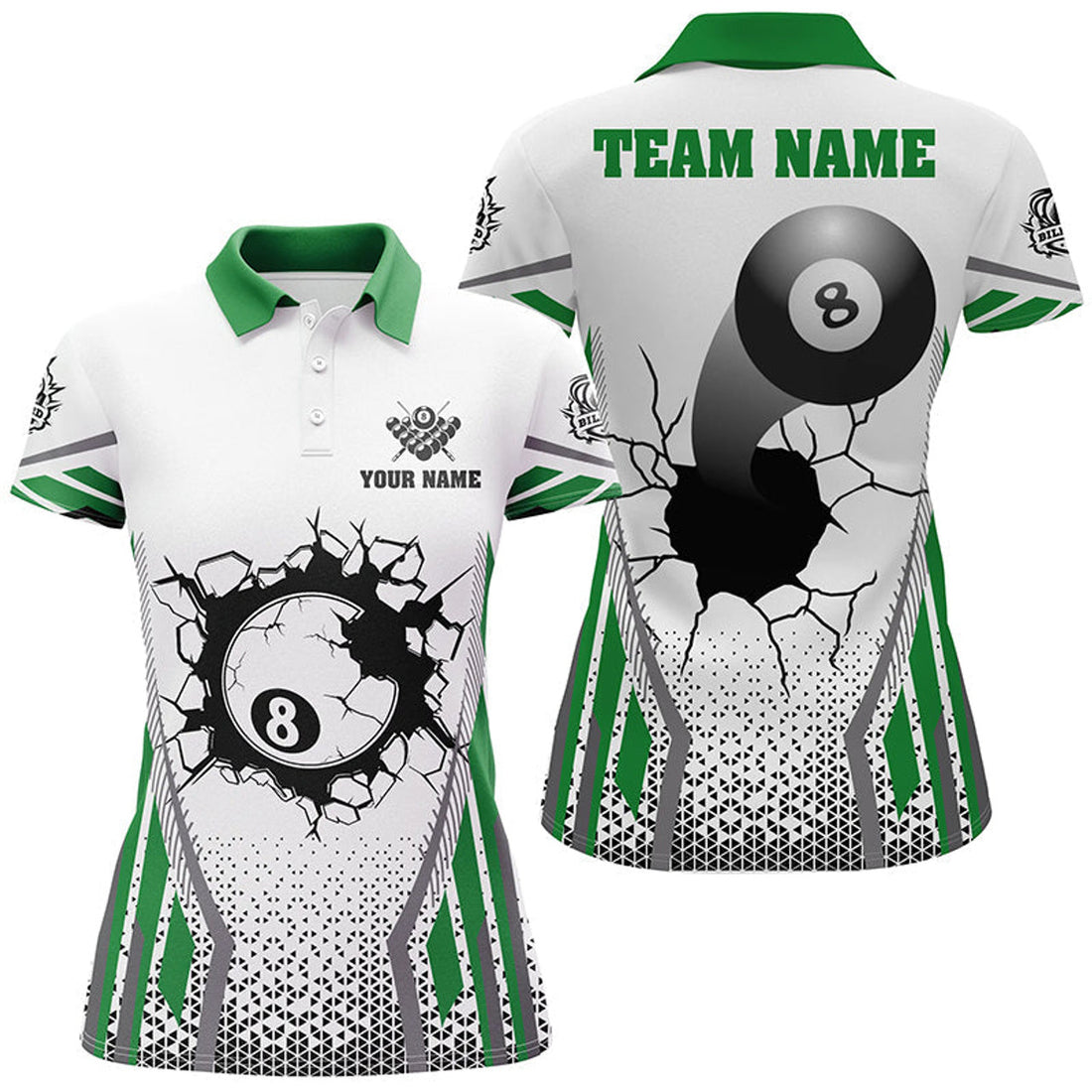Custom White Green 8 Ball Pool Cracked Wall Personalized Women Polo Shirts, Custom Billiard Attire Jerseys