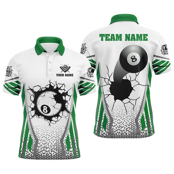 FUNSTUFFPRINT White Green 8 Ball Pool Cracked Wall Personalized Men Polo Shirts, Custom Billiard Attire Polo Shirt Size S-5XL