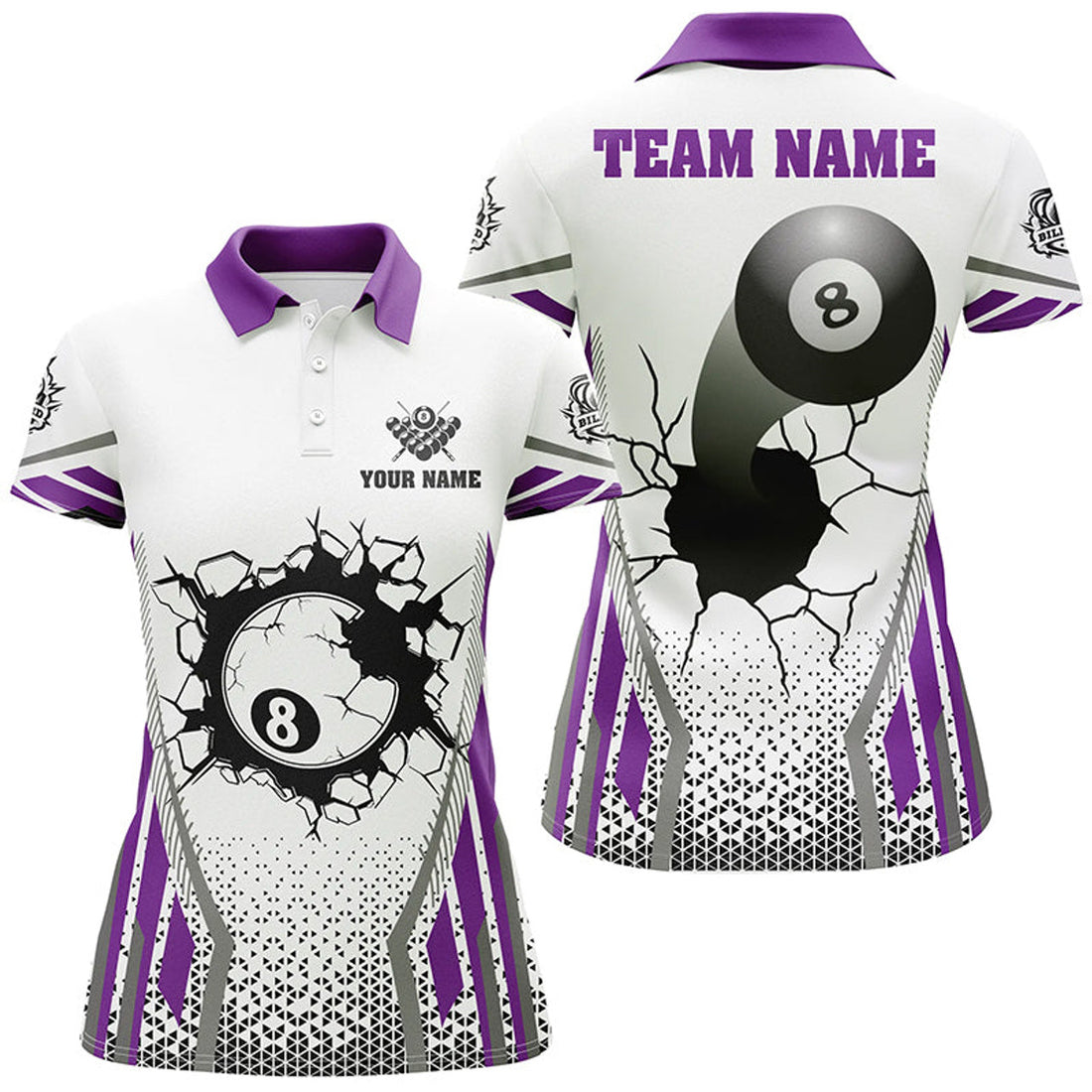 Custom White Purple 8 Ball Pool Cracked Wall Personalized Women Polo Shirts, Custom Billiard Attire Jerseys