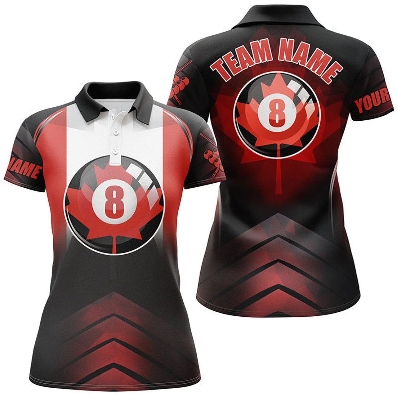 Custom Personalized 8 Ball Canadian Flag Billiard Polo Shirts For Women, Canada Billiard Jersey Shirts