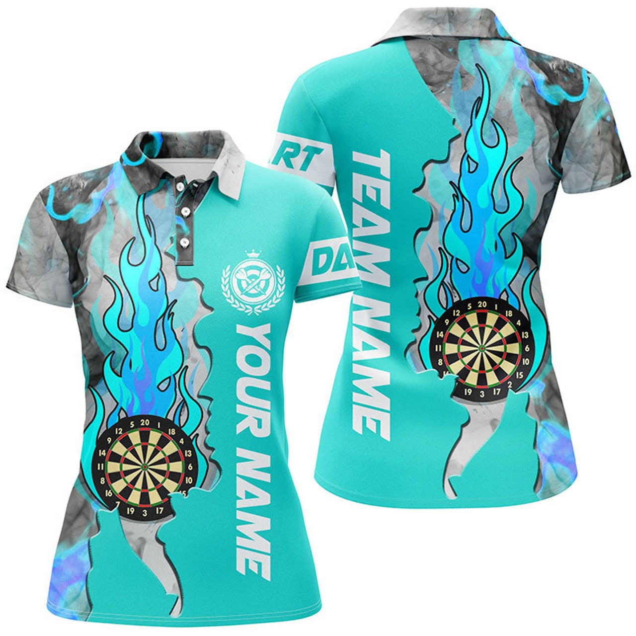 Custom Personalized Turquoise Dart Board Fire Flame Smoke Women Darts Polo Shirt Custom Unique Darts Jerseys