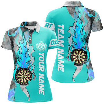 Custom Personalized Turquoise Dart Board Fire Flame Smoke Women Darts Polo Shirt Custom Unique Darts Jerseys