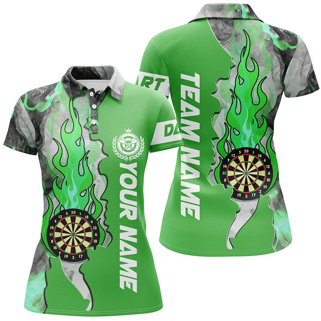 Custom Personalized Green Darts Board Fire Flame Smoke Women Darts Polo Shirts Custom Unique Darts Jerseys