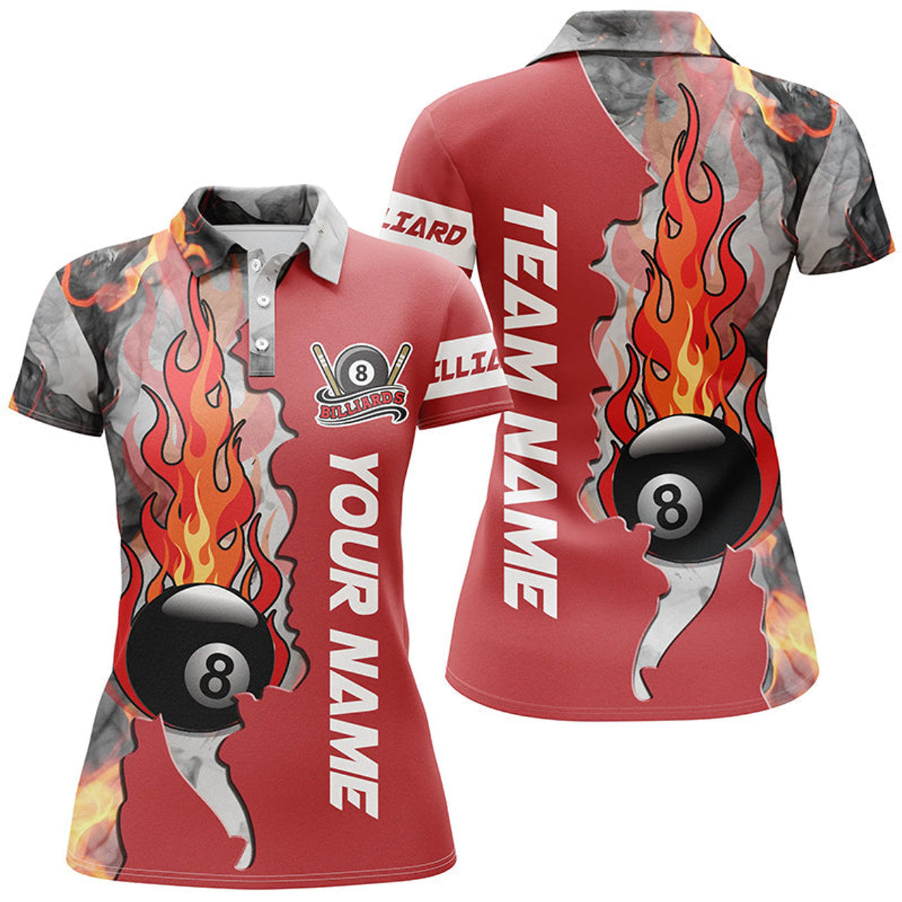 Custom Personalized 8 Ball Fire Smoke Billiard Women's Shirts Red Version Custom Pool Team Polo Shirts