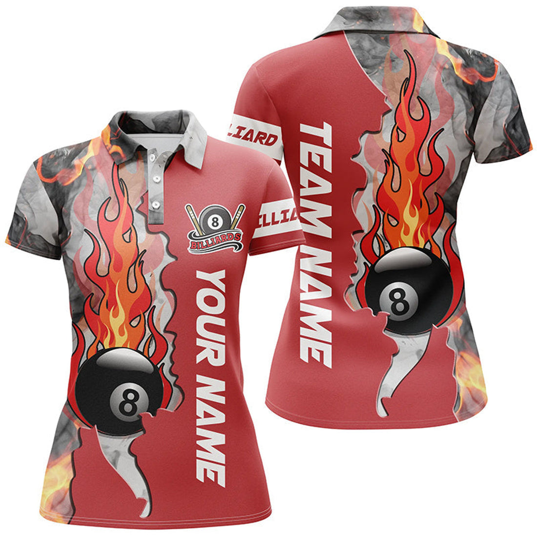 Custom Personalized 8 Ball Fire Smoke Billiard Women's Shirts Red Version Custom Pool Team Polo Shirts