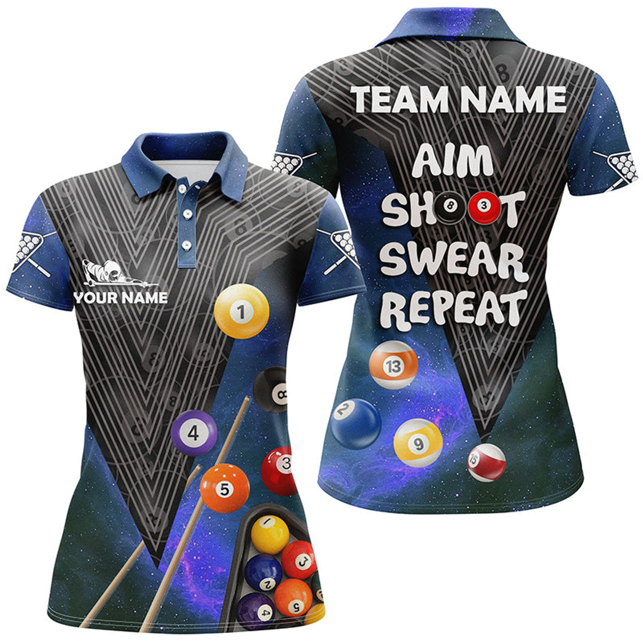 Custom Billiard Aim Shoot Swear Repeat Blue Version Custom Name 3D All Over Print Polo Shirts For Women