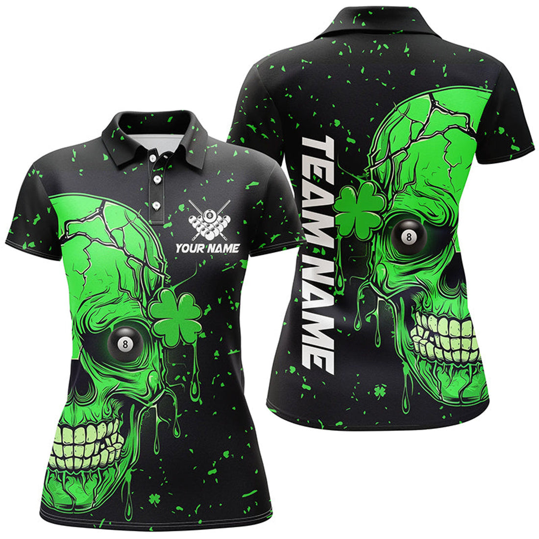 Custom Personalized Patrick 3D Green Skull Luckiest Billiard Women Polo Shirts, Patrick Day Billiard Jerseys