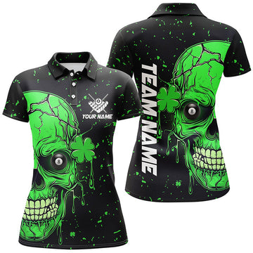Custom Personalized Patrick 3D Green Skull Luckiest Billiard Women Polo Shirts, Patrick Day Billiard Jerseys