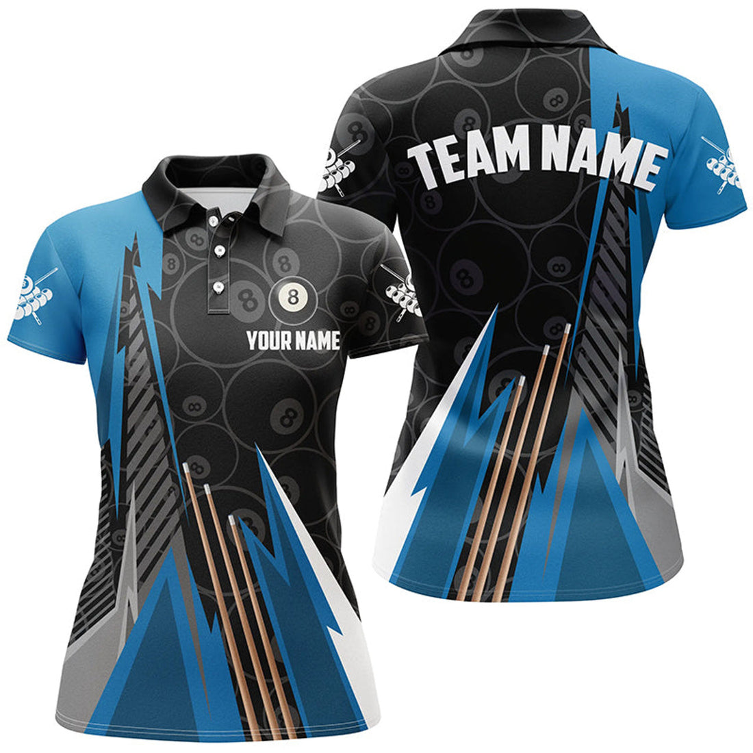 CustomPersonalized Black Blue Billiard Pattern Women Polo Shirts Custom Billiard Team Jersey Uniform