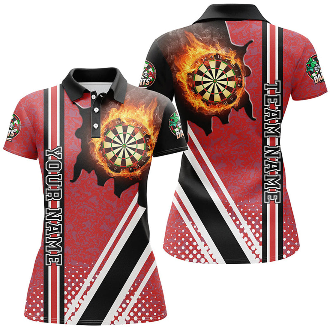 Custom Personalized Black Red Darts Board Fire Flame Women Darts Polo Shirts Custom Dart Team Jersey