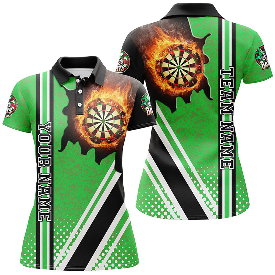 Custom Personalized Black Green Darts Board Fire Flame Women Darts Polo Shirts Custom Dart Team Jersey