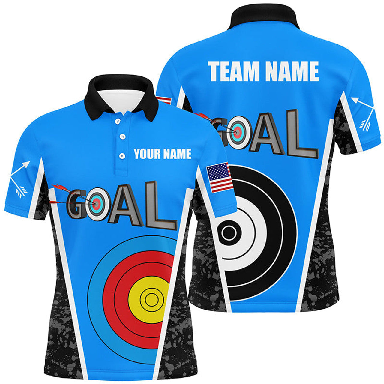 FUNSTUFFPRINT Personalized Name Blue Archery Goal Men Polo Shirts Custom 3D Target Archery Jerseys For Team Polo Shirt Size S-5XL