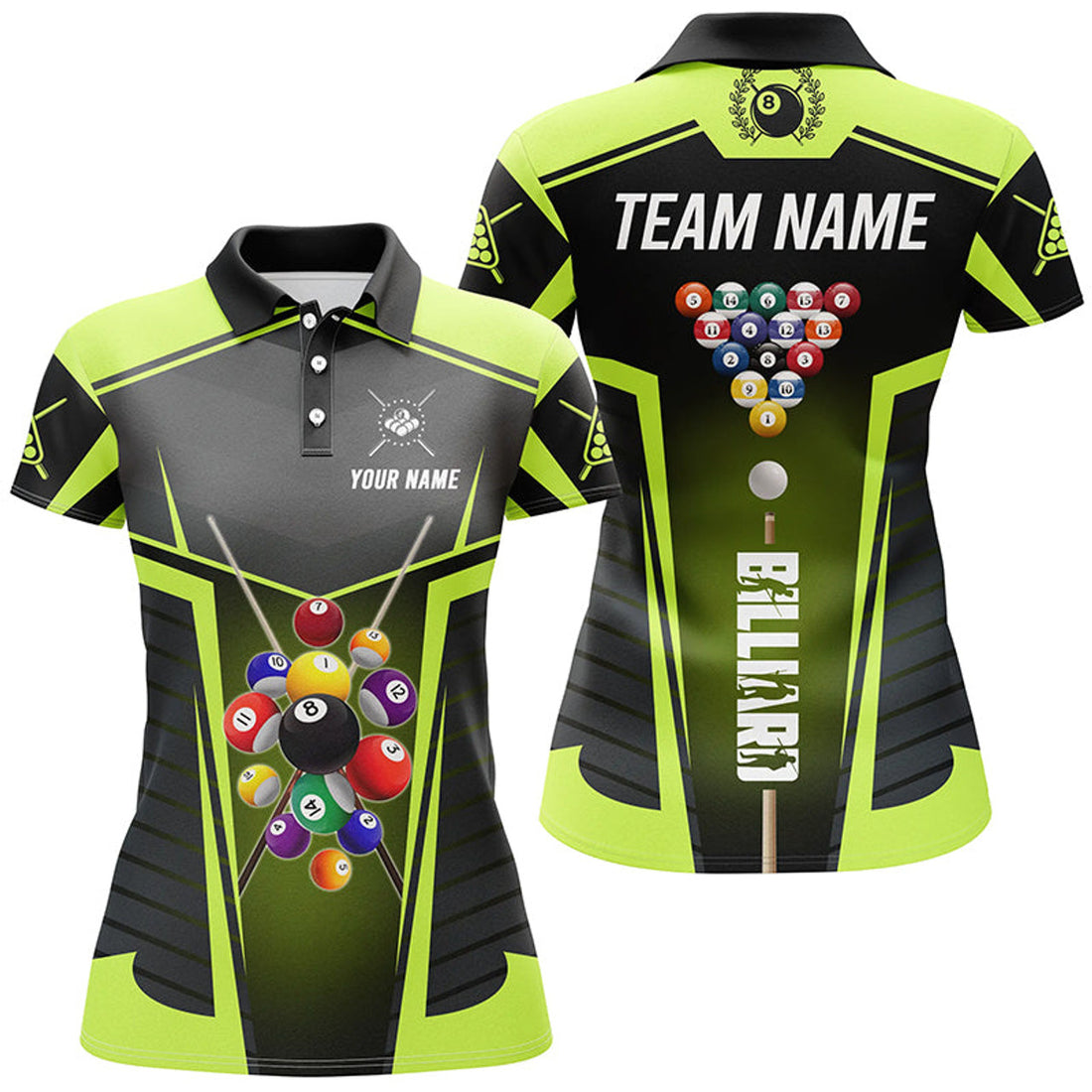 Custom Personalized Green Neon Jerseys Billiard Balls Polo Shirts For Women Custom 3D Pool League Shirts