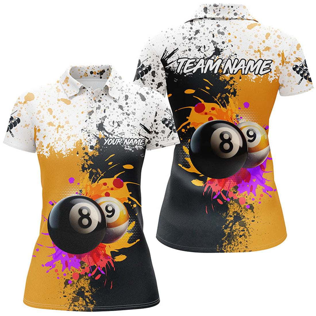Custom Personalized Billiard 8 Ball & 9 Ball Grunge Style Custom Women Polo Shirts, Billiard Attire Jerseys