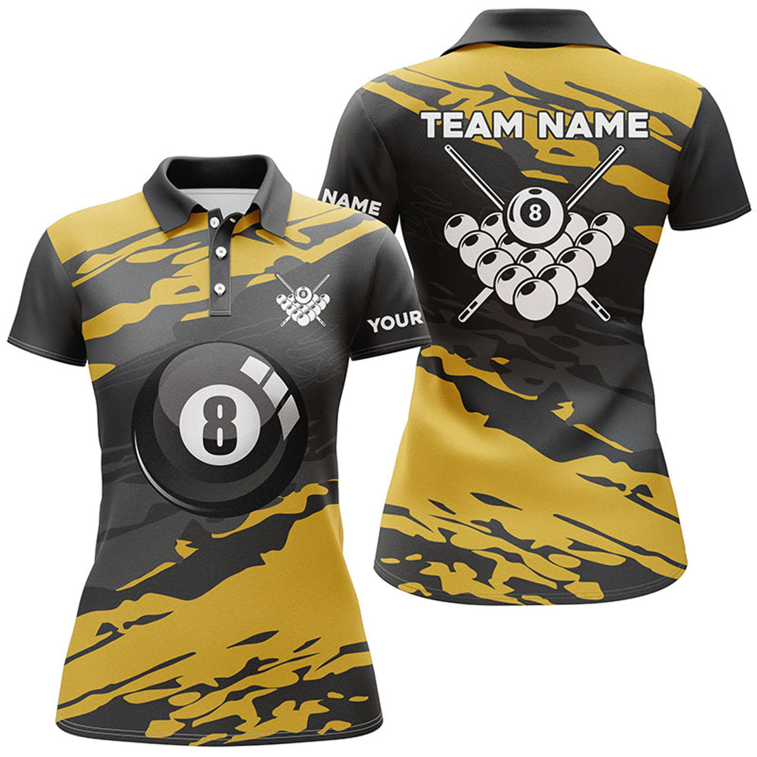 Custom Black Yellow Camouflage Billiard Polo Shirts For Women Best 8 Ball Billiard Pool Shirts