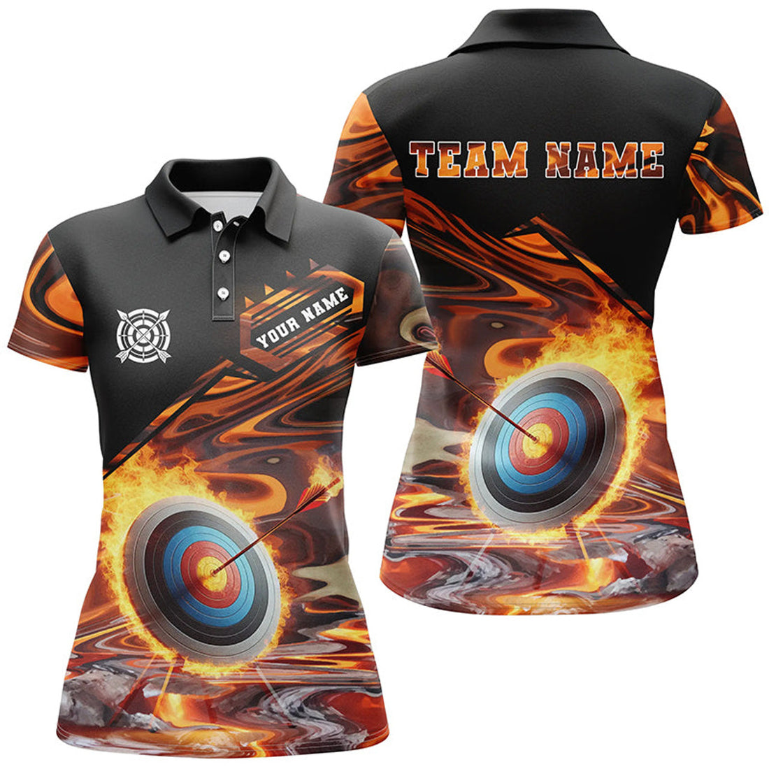Custom Personalized Flaming Target Archery Women Polo Shirts, Best Archery Target Shirts For Archers