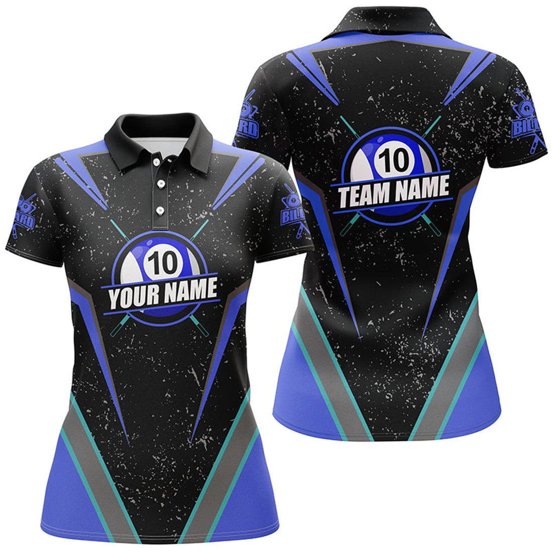 Custom Personalized Grunge 10 Ball Billiard Polo Shirts For Women, 10 Ball Pool Billiard Jerseys For Team