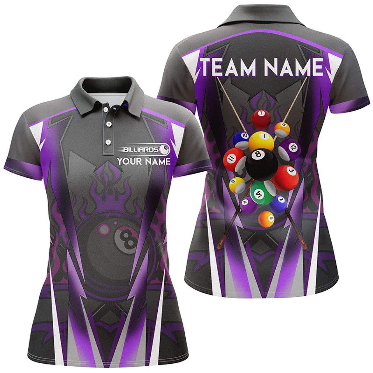 Custom Purple 8 Ball Pool Fire Billiard Balls Women Polo Shirts Customized Team League Billiard Jersey