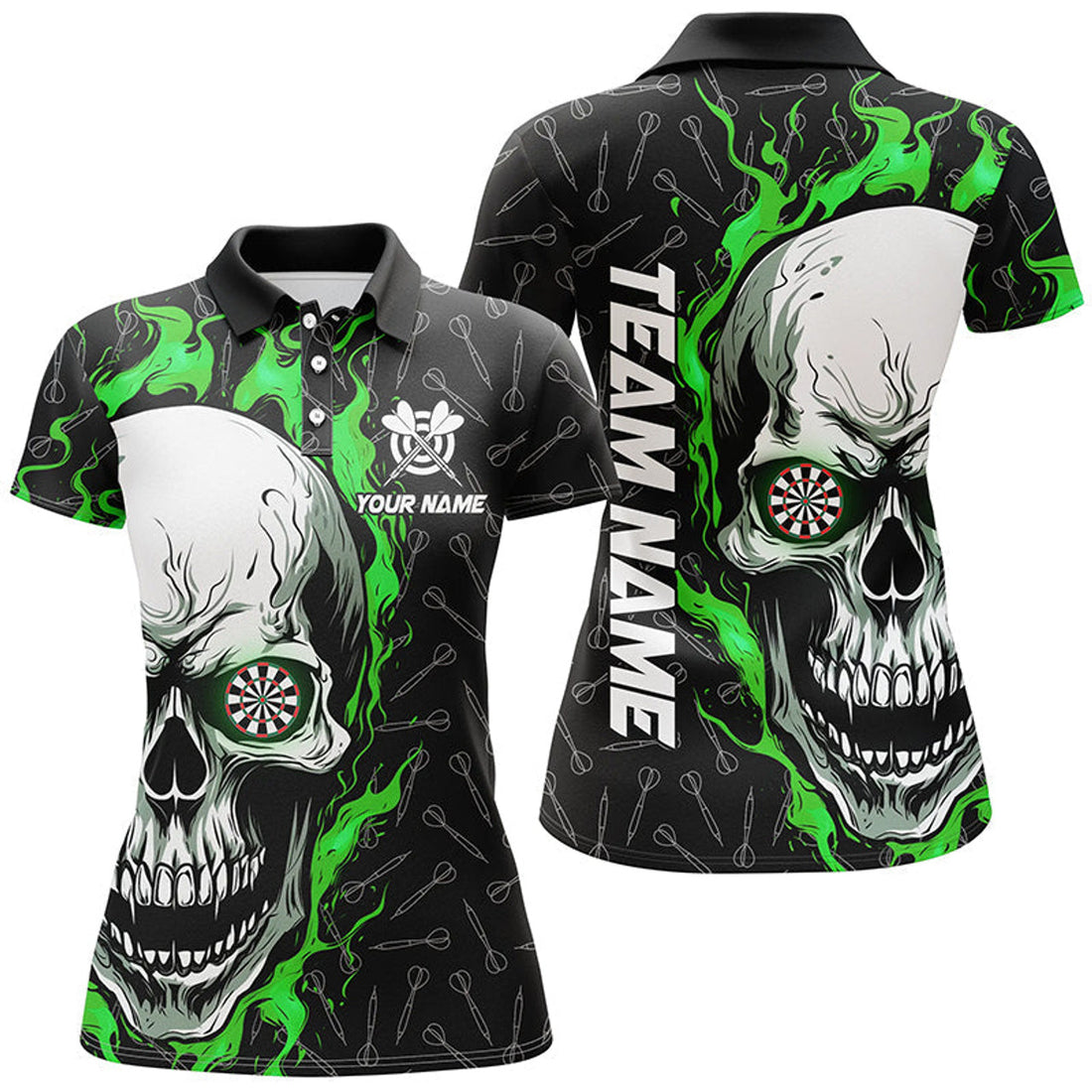 Custom Personalized 3D Green Skull Flame Dart Polo Shirts Custom Dart Shirts For Women Dart Jerseys