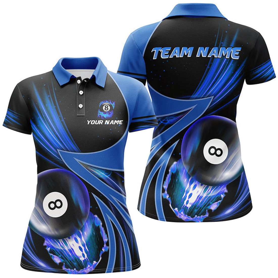 Custom Personalized 3D Blue Jerseys Billiard 8 Ball Women Polo Shirts Custom Team League Billiard Shirts