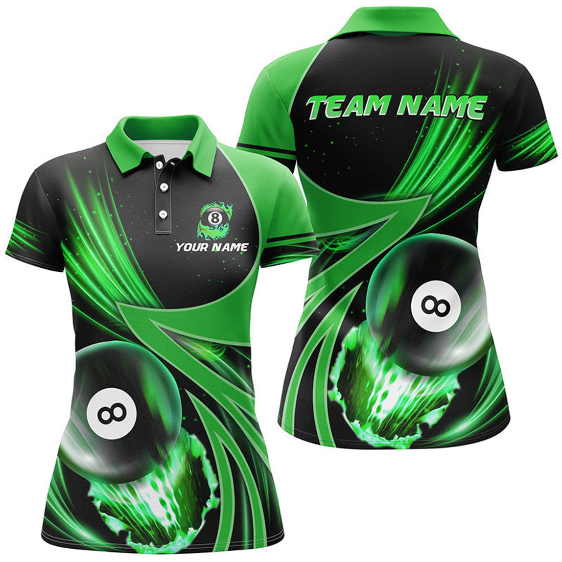 Custom Personalized 3D Green Jerseys Billiard 8 Ball Women Polo Shirts Custom Team League Billiard Shirts