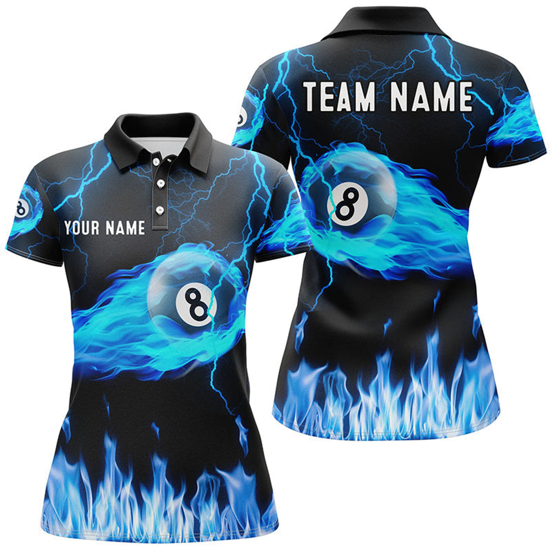 Custom Personalized Blue Flame 8 Ball Thunder Lightning 3D Polo Shirts For Women, Custom Pool League Shirts