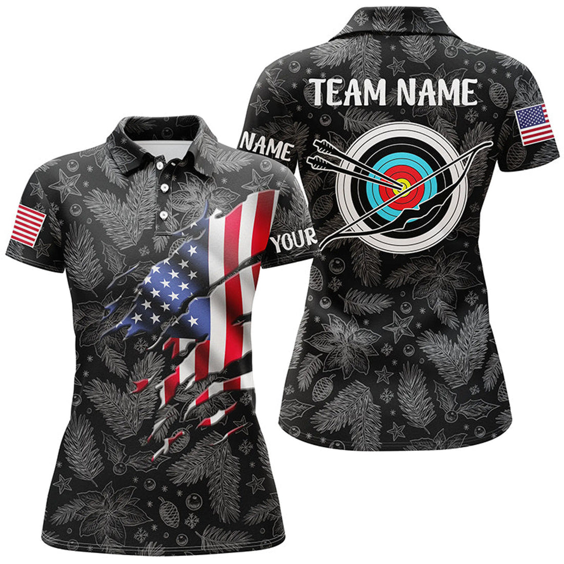 Custom Personalized Christmas USA Flag Archery Women Polo Shirts Custom Merry Christmas Shirts For Archer