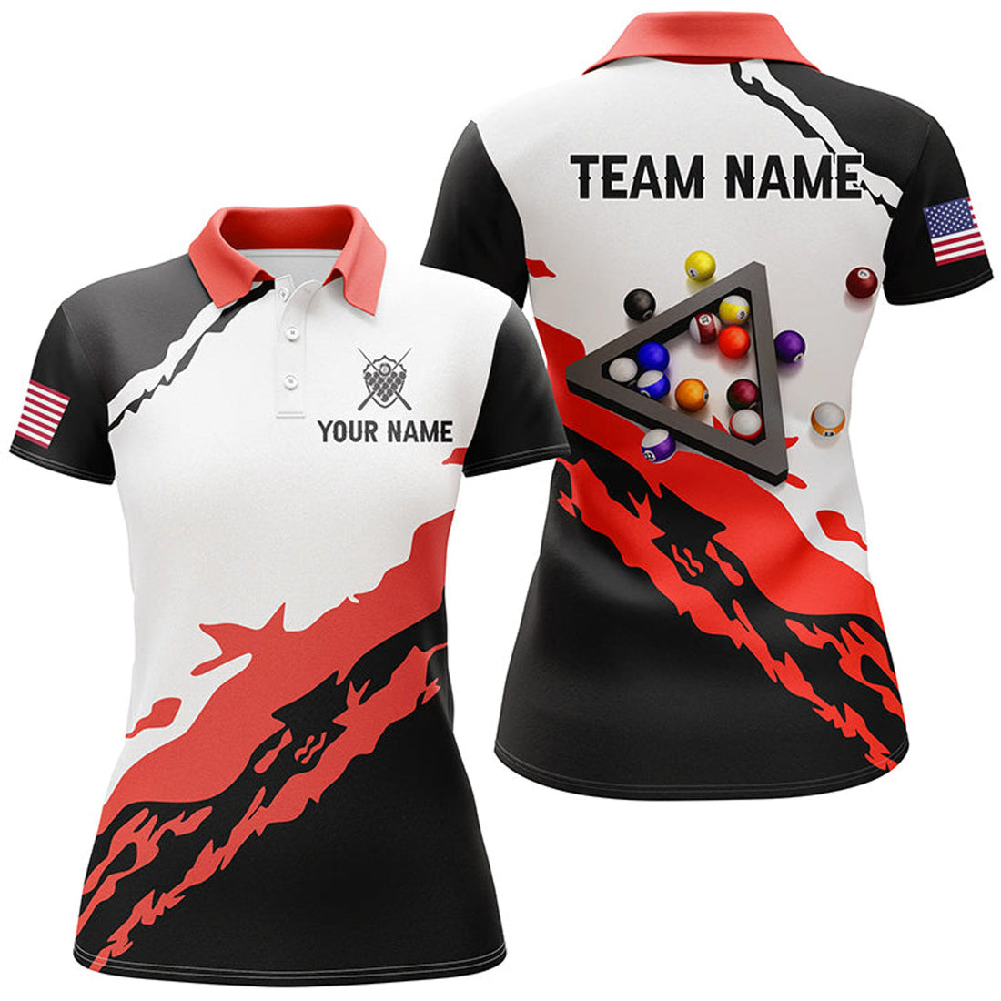Custom Personalized 3D Black Red Billiard Balls Polo Shirts For Women Custom Team Name Billiard Jerseys