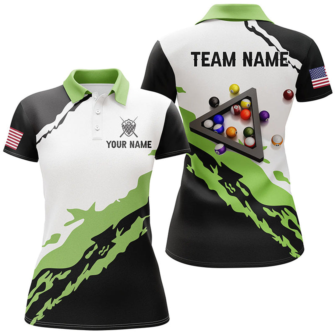 Custom Personalized 3D Black Green Billiard Balls Polo Shirts For Women Custom Team Name Billiard Jerseys