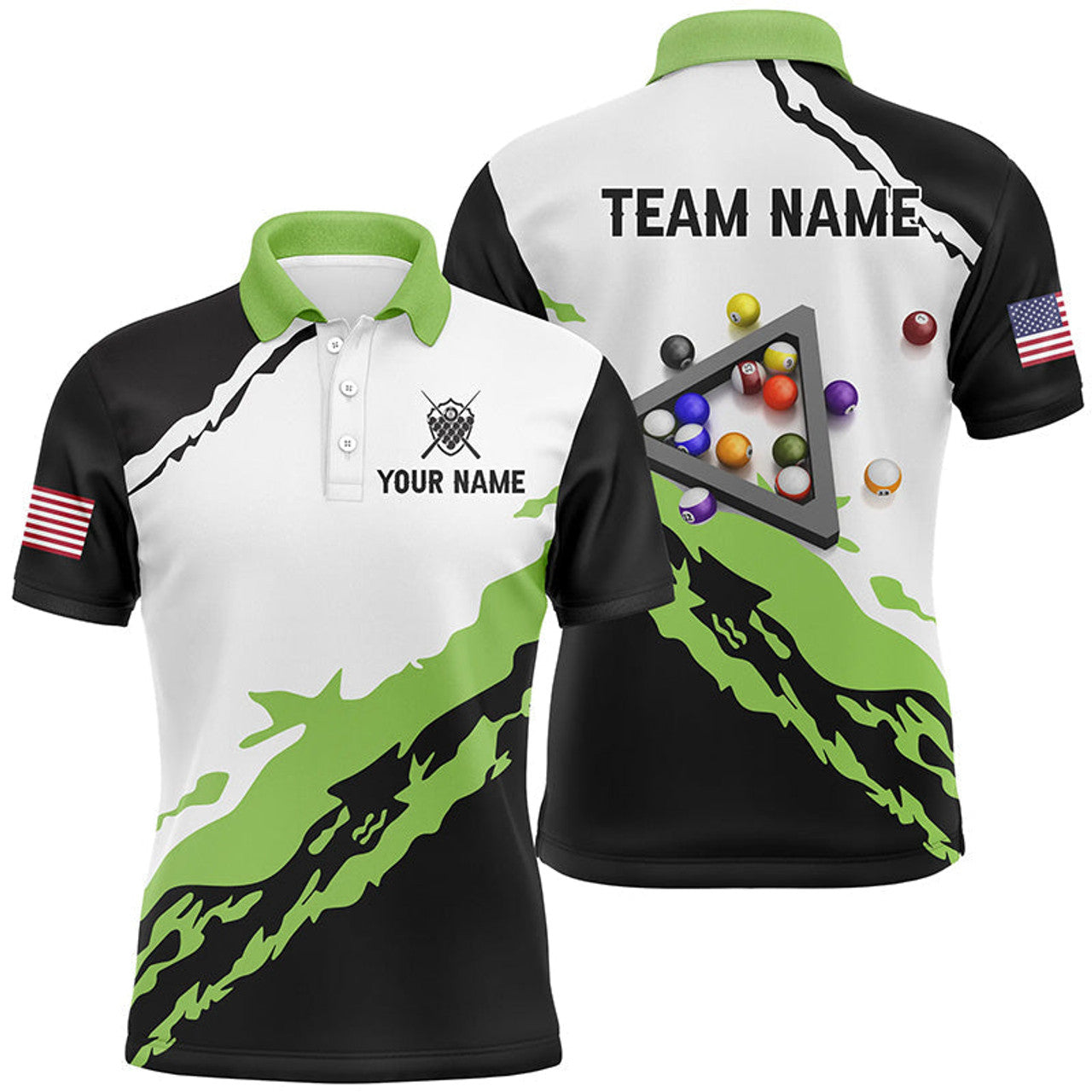 FUNSTUFFPRINT Personalized 3D Black Green Billiard Balls Polo Shirts For Men Custom Team Name Billiard Polo Shirt Size S-5XL