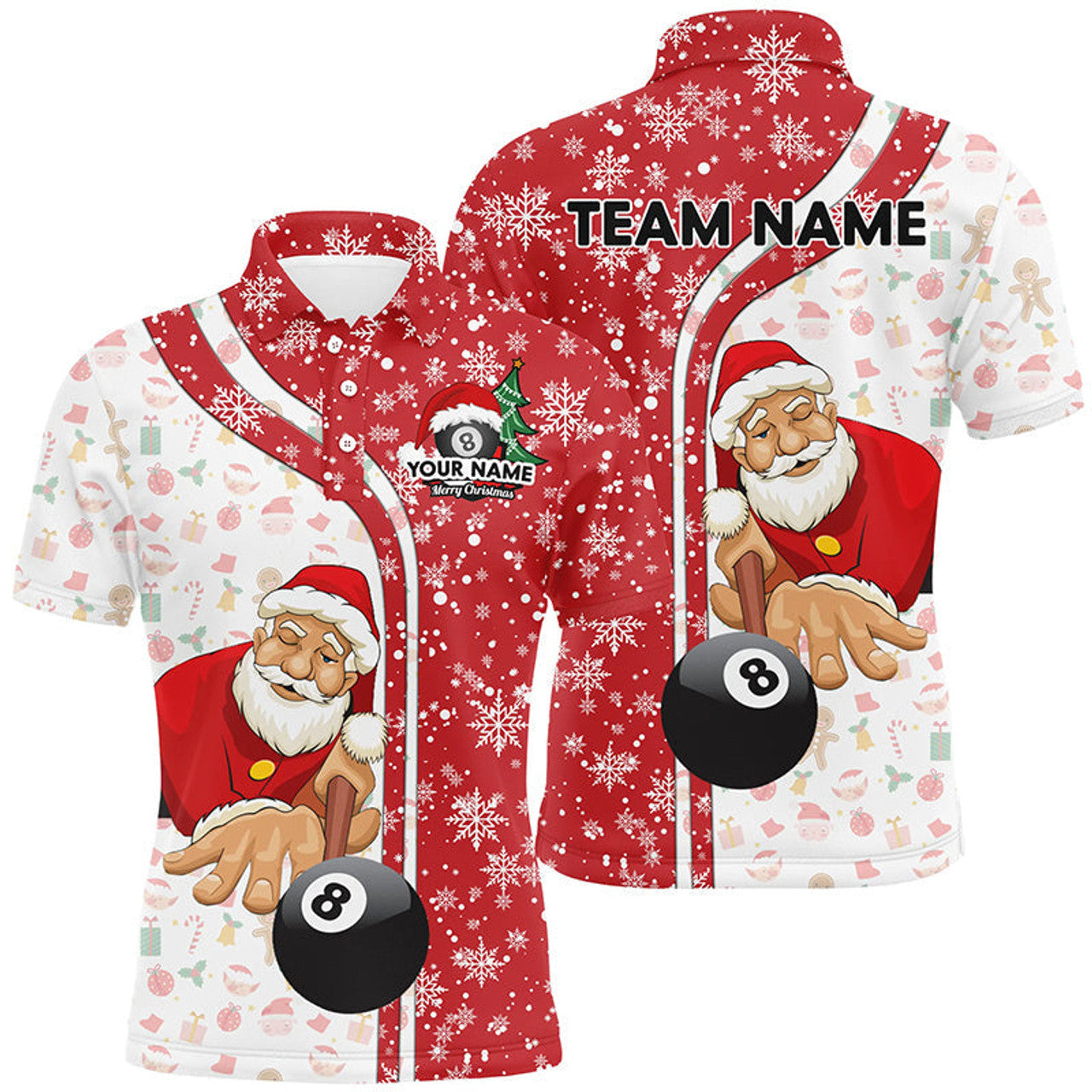 FUNSTUFFPRINT Funny Christmas Santa Play Pool Personalized Red Billiard 8 Ball Snowflake Polo Shirts For Men Polo Shirt Size S-5XL