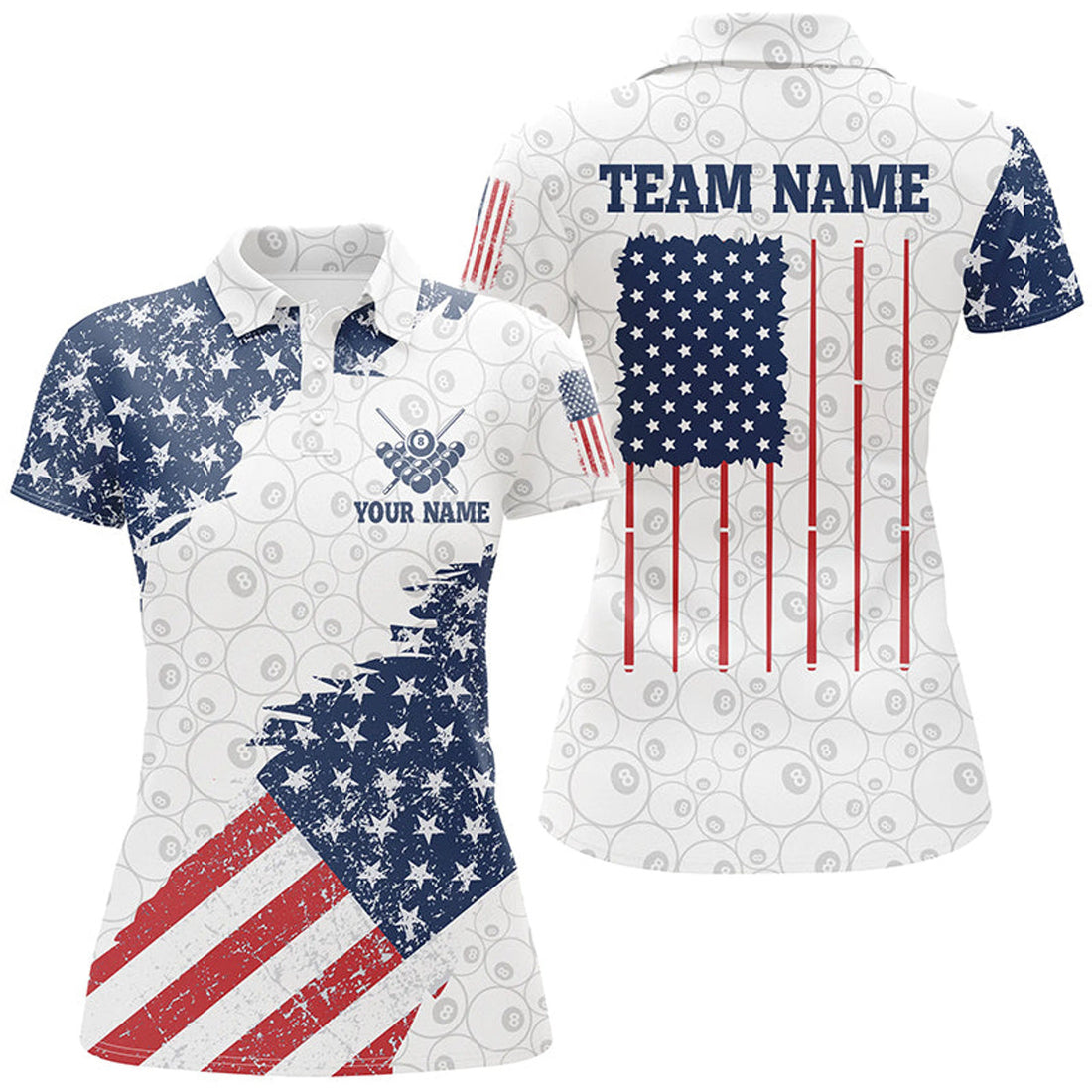 Custom Grunge American Flag Billiard Polo Shirts For Women Custom Patriotic US Flag Design Billiard Shirts